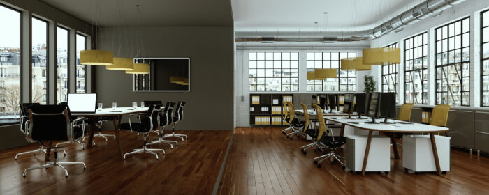 Modern,Large,Brown,Yellow,Office,Interior,Design,3d,Rendering,Mock
